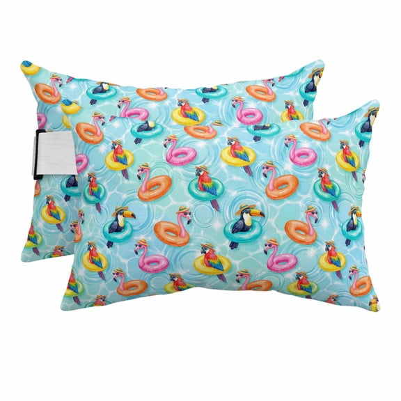 2PCS Outdoor Pillow for Chaise Lounge Chair Summer Pool Float Swim Rings Waterproof Headrest Cushion with Insert Tropical Flamingo Birds Adjustable Lumbar Pillow for Beach Patio Office,11x16in