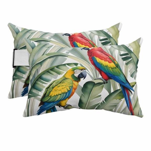 2PCS Outdoor Pillow for Chaise Lounge Chair Summer Tropical Leaves Parrots Waterproof Headrest Cushion with Insert Watercolor Plants Adjustable Lumbar Pillow for Beach Patio Poolside Office,11x16in