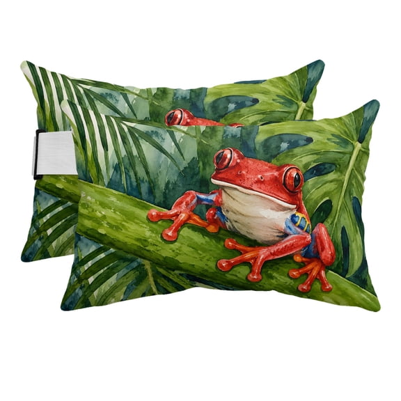 2PCS Outdoor Pillow for Chaise Lounge Chair Summer Tropical Red Frog Pattern Waterproof Headrest Cushion with Insert Monstera Leaf Adjustable Lumbar Pillow for Beach Patio Poolside Office,11x16in