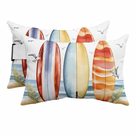 2PCS Outdoor Pillow for Chaise Lounge Chair Summer Watercolor Surfboard Waterproof Headrest Cushion with Insert Seagull Beach Ocean Theme Adjustable Lumbar Pillow for Beach Patio Poolside Office