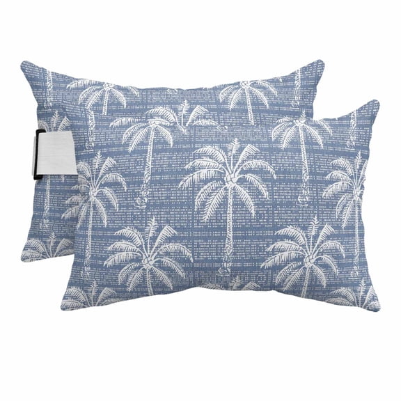 2PCS Outdoor Pillow for Chaise Lounge Chair Summer White Palm Trees Waterproof Headrest Cushion with Insert Rustic Slate Blue Background Adjustable Lumbar Pillow for Beach Patio Office,11x16in