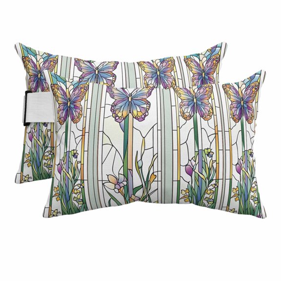 2PCS Outdoor Pillow for Chaise Lounge Chair Vintage Butterfly Flower Abstract Art Waterproof Headrest Cushion with Insert Retro Paper-cut Art Adjustable Lumbar Pillow for Beach Patio Poolside,11x16in