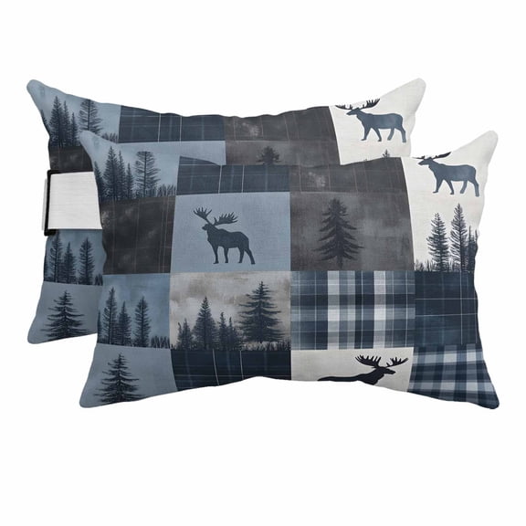 2PCS Outdoor Pillow for Chaise Lounge Chair Vintage Forest Deer Tree Waterproof Headrest Cushion with Insert Rustic Animal Geometric Plaid Adjustable Lumbar Pillow for Beach Patio Poolside Office