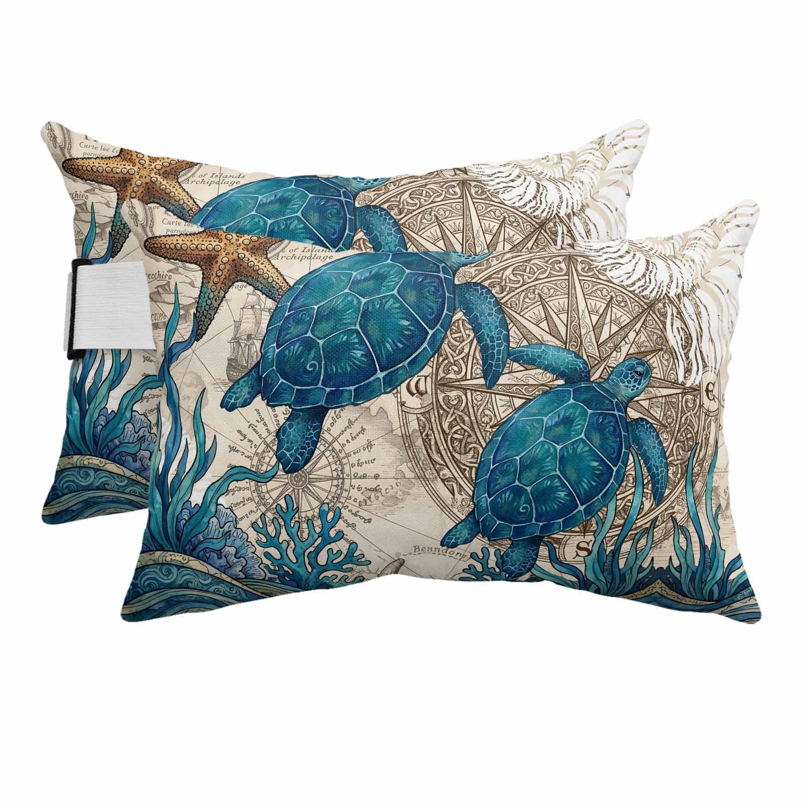 2PCS Outdoor Pillow for Chaise Lounge Chair Vintage Sea Turtle Seaweed ...