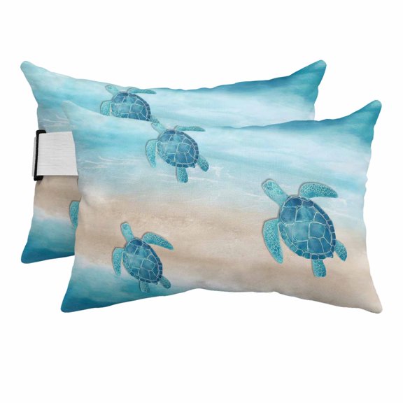 2PCS Outdoor Pillow for Chaise Lounge Chair Watercolor Blue Sea Turtles Waterproof Headrest Cushion with Insert Tropical Beach Ocean Scene Adjustable Lumbar Pillow for Beach Patio Poolside Office