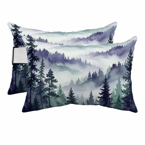 2PCS Outdoor Pillow for Chaise Lounge Chair Watercolor Tree Mountain Clouds Waterproof Headrest Cushion with Insert Purple Green Forest Scenery Adjustable Lumbar Pillow for Beach Patio Office,11x16in