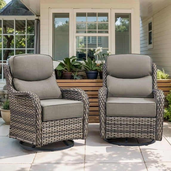 2PCS Outdoor Rattan Swivel Rocking Chairs Patio Wicker Rocker Gliders with 6" Thick Cushions, Gray