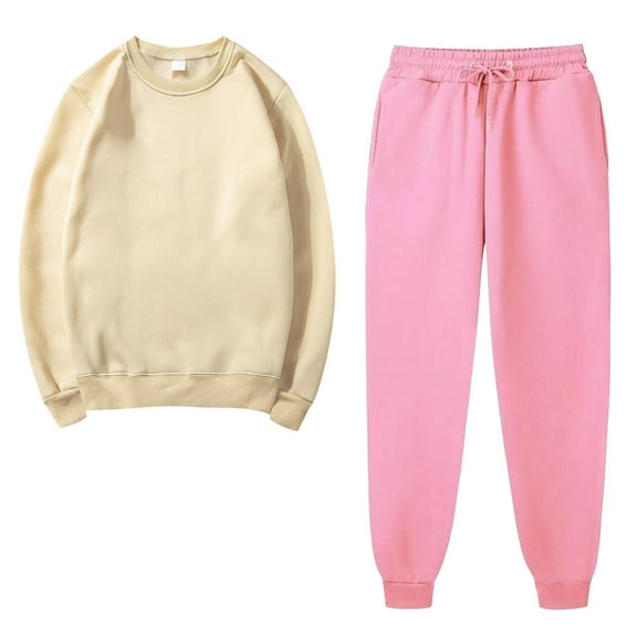 2PCS Outfits Men's And Women's Sports Tracksuits Long Sleeve Crewneck Solid Color Pullover Hoodless Sweatshirt And Sweatpants Fall Winter Suit  Khaki XXXL