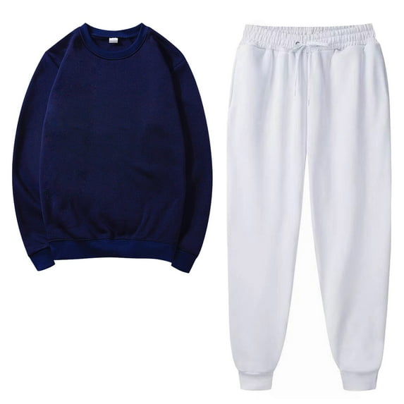 2PCS Outfits Men's And Women's Sports Tracksuits Long Sleeve Crewneck Solid Color Pullover Hoodless Sweatshirt And Sweatpants Fall Winter Suit&nbsp; Navy S