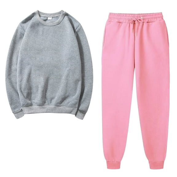 2PCS Outfits Men's And Women's Sports Tracksuits Long Sleeve Crewneck Solid Color Pullover Hoodless Sweatshirt And Sweatpants Fall Winter Suit Gray M