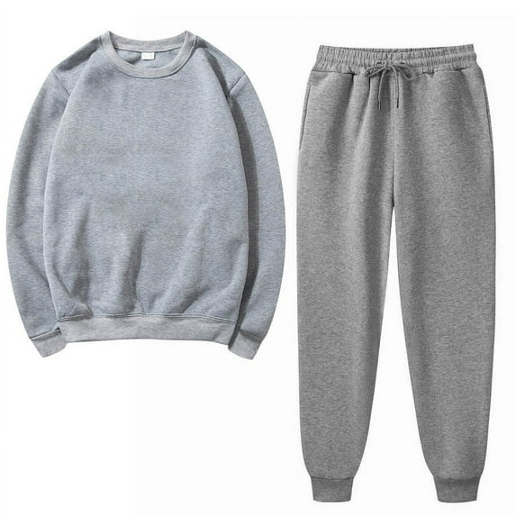2PCS Outfits Men's And Women's Sports Tracksuits Long Sleeve Crewneck Solid Color Pullover Hoodless Sweatshirt And Sweatpants Fall Winter Suit Gray XXL