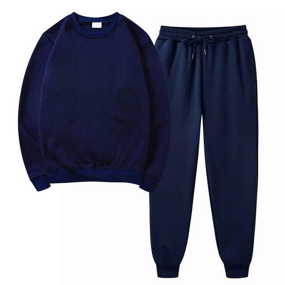 2PCS Outfits Men's And Women's Sports Tracksuits Long Sleeve Crewneck Solid Color Pullover Hoodless Sweatshirt And Sweatpants Fall Winter Suit Navy XXL