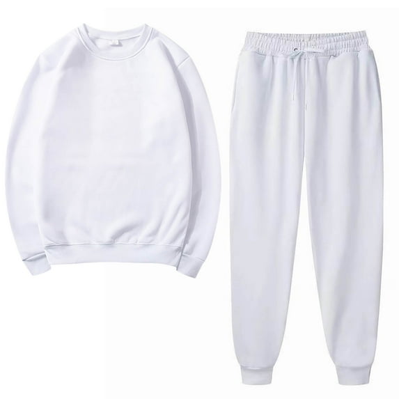 2PCS Outfits Men's And Women's Sports Tracksuits Long Sleeve Crewneck Solid Color Pullover Hoodless Sweatshirt And Sweatpants Fall Winter Suit White M