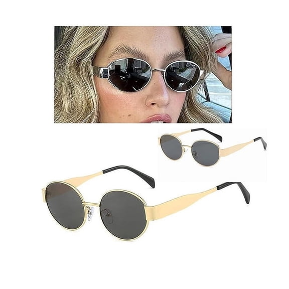 2PCS Oval Sunglasses, Retro Designer Gold Sun Glasses, Classic Metal Frame Shades 90s, Suits Various Styles, Making It An Ideal Choice, For Festival, Beach Parties, Casual, Travel(Black)