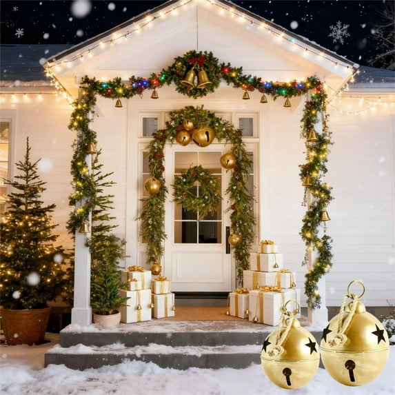 2PCS Oversized Vintage Christmas Bells – 8in & 10in Hanging Rustic Metal Ornaments with Jute Rope for Holiday Tree, Door, Wall, Mantel, Porch Decor