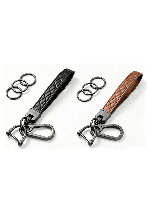 2PCS PU Leather Car Key Chain Wrist Keychain with 6 Key Ring and Anti-Lost D Ring (Brown Black)