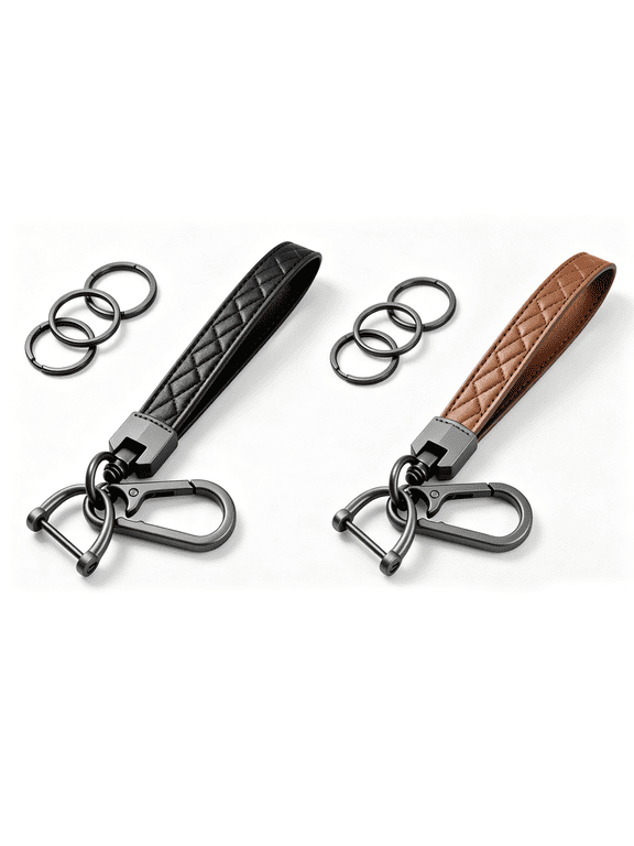 2PCS PU Leather Car Key Chain Wrist Keychain with 6 Key Ring and Anti-Lost D Ring (Brown Black)