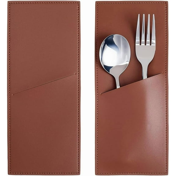 2PCS PU Leather Utensils Holder Vintage Silverware Pouch Bags Brown Leather Cutlery Sleeves Rustic Flatware Tableware Storage Place Set Organizer for DIY Making