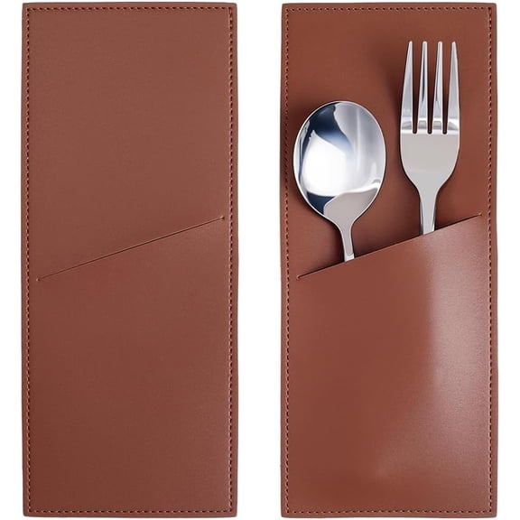 2PCS PU Leather Utensils Holder Vintage Silverware Pouch Bags Brown Leather Cutlery Sleeves Rustic Flatware Tableware Storage Place Set Organizer for Home Kitchen Christmas Table Decor