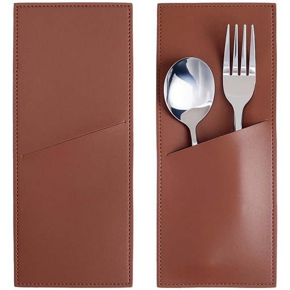 2PCS PU Leather Utensils Holder Vintage Silverware Pouch Bags Brown Leather Cutlery Sleeves Rustic Flatware Tableware Storage Place