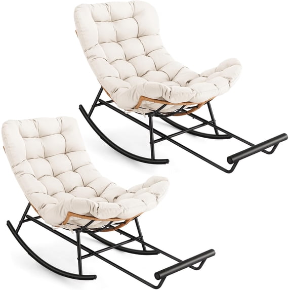 2PCS Papasan Rocking Chair with Foot Rest, Oversized Papasan Chair with Thick Removable Cushion and Metal Frame, Lounge Chairs and PE Rattan Rocker for Patio, Porch, Garden, Lawn, Living Room