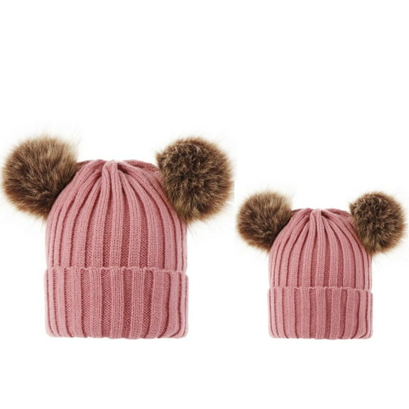 2PCS Parent-Child Hat Winter Warmer, Baby Hat/Women Hat, Mother & Baby Knit Hat Beanie Winter Warm Pom Pom Crochet Cap, Pink