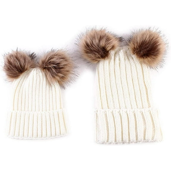 2PCS Parent-Child Hat Winter Warmer, Baby Hat/Women Hat, Mother & Baby Knit Hat Beanie Winter Warm Pom Pom Crochet Cap, White