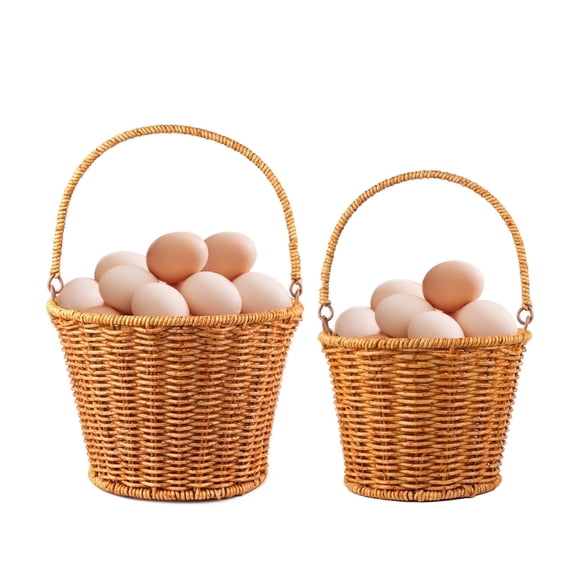 Waxgamo Rattan Egg Baskets for Gathering Fresh Eggs with Handle, 2 Pcs Parent-Child Egg Collecting Basket, Vintage Style Fresh Egg Holder for Kitchen Storage Container Holder