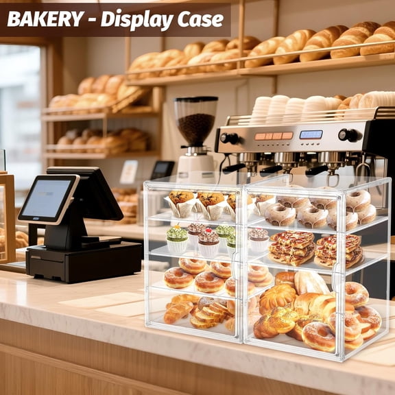 2PCS Pastry Display Case, Large Bakery Cookie Stand with 4 Layers Adjustable Clear Acrylic Bread Storage Box and Magnetic Door for Kitchen Counter