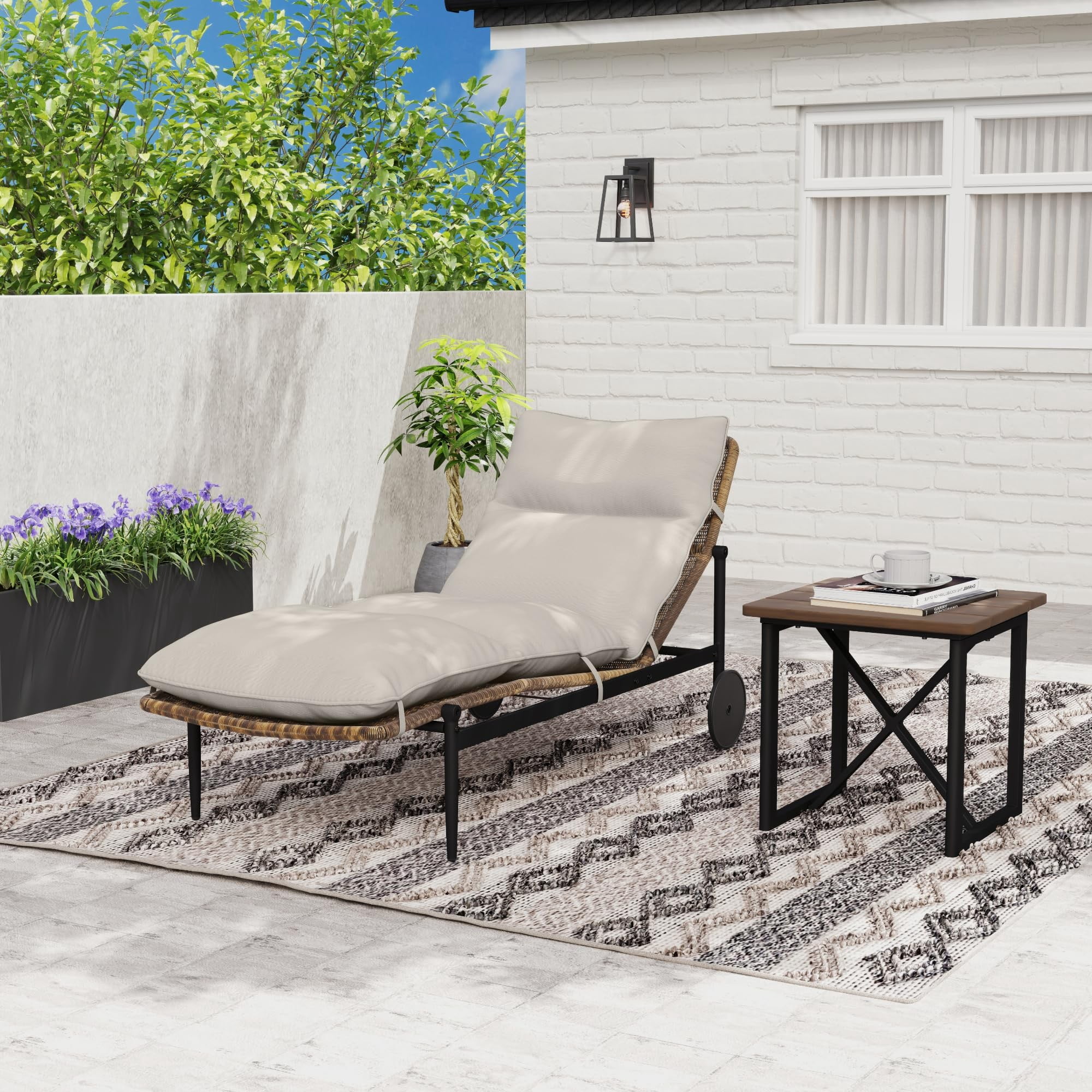 2PCS Patio Chaise Lounge Chair Set of 1 Outdoor Wicker Lounge Chairs with Cushion Wheels and Wood Table Poolside Backyard Deck Porch, Beige