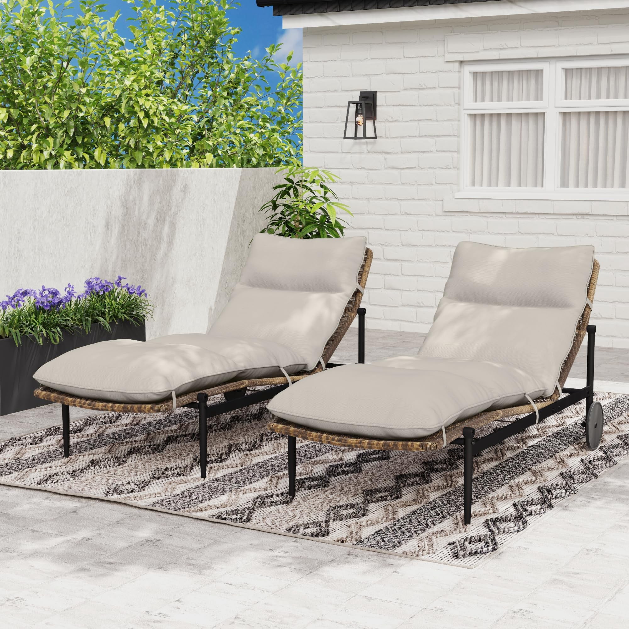 2PCS Patio Chaise Lounge Set of 2 Outdoor Lounge Chairs with Cushion Wheels Aluminum Wicker Pool Lounge Chairs for Backyard Deck Porch, Beige