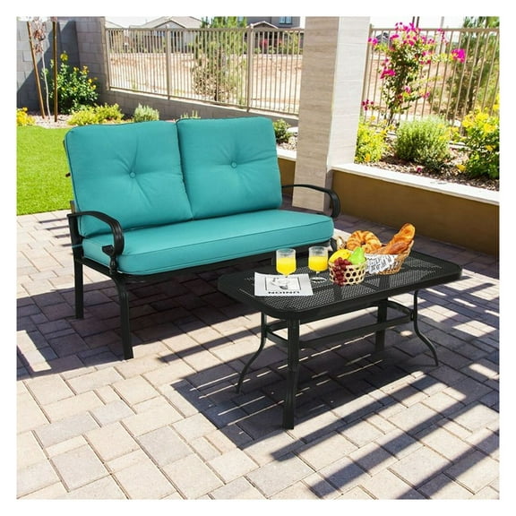 2PCS Patio Loveseat Set with Table, Cushioned Outdoor Furniture for Garden, Balcony, Porch - Steel Frame, Honeycomb Tabletop, 550lbs Capacity, Easy Assembly