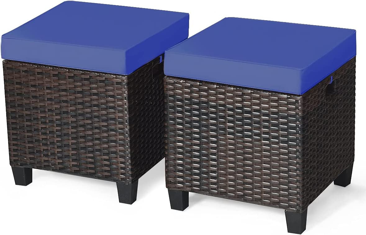 2PCS Patio Outdoor Ottomans, Rattan Wicker Ottoman Seat w/Removable ...
