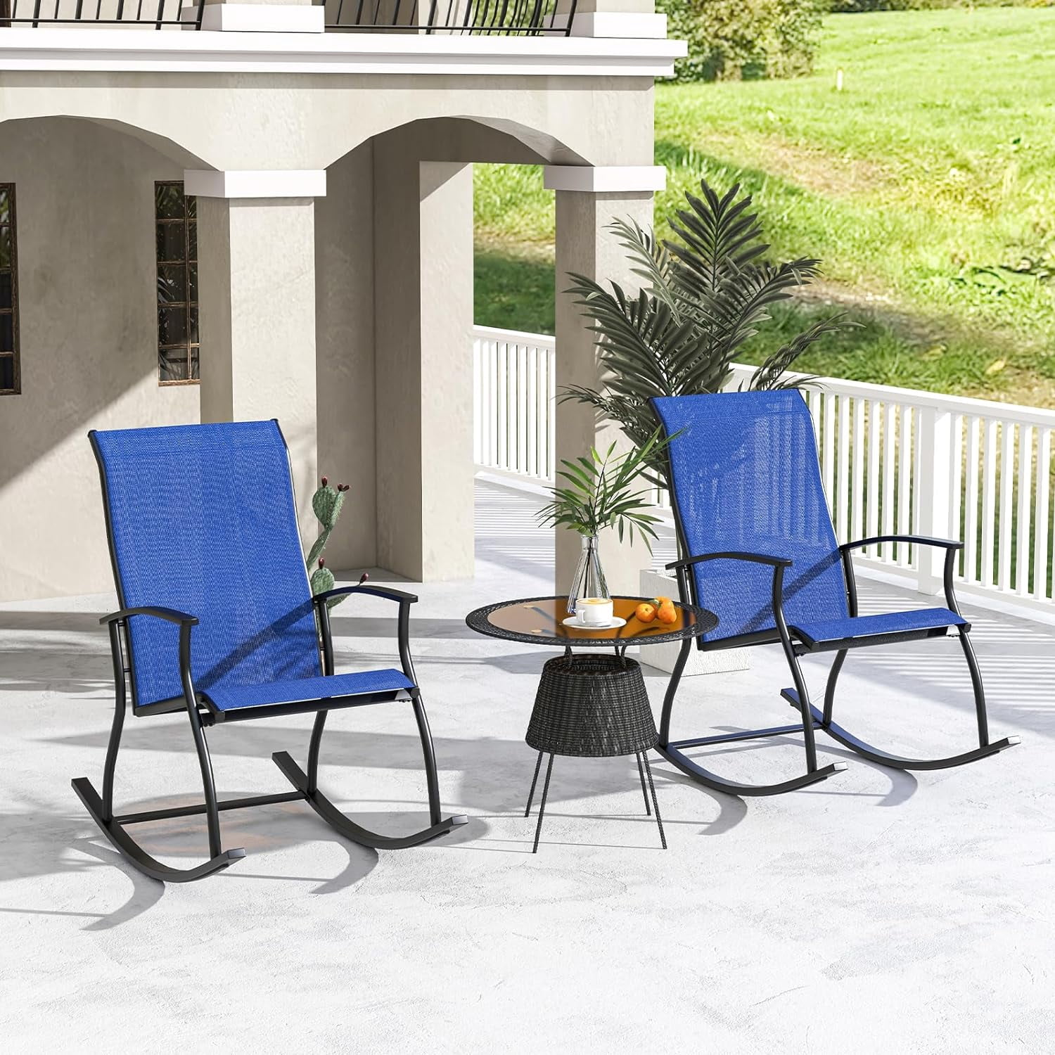 2PCS Patio Outdoor Rocking Chairs with Breathable Fabric and Metal Frame, Navy + Black