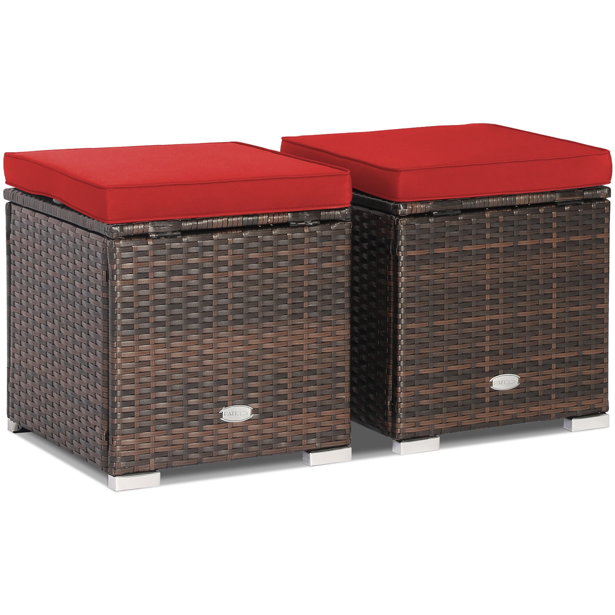 Image showcasing 2PCS Patio Rattan Ottomans Seat Side Table Storage Box Footstool Red ...