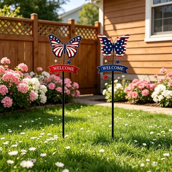 2PCS Patriotic Ground Decorations Board Sign Butterfly Shape, Independence Day Iron Garden Yard Outdoor Decor, 40x14.28cm Multicolor USA Flag Print