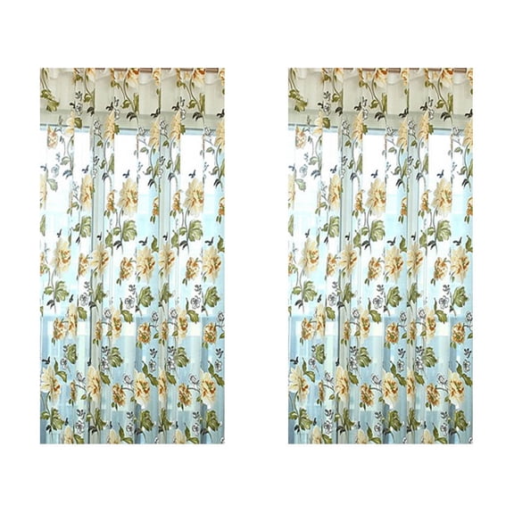 2PCS Peach Blossom Flower Print Voile Curtain Transparent Tulle Curtains Semi Sheer Window Curtains Window Screening Treatments Drape Valance Panel No Grommet Living Room Bedroom(Yellow)