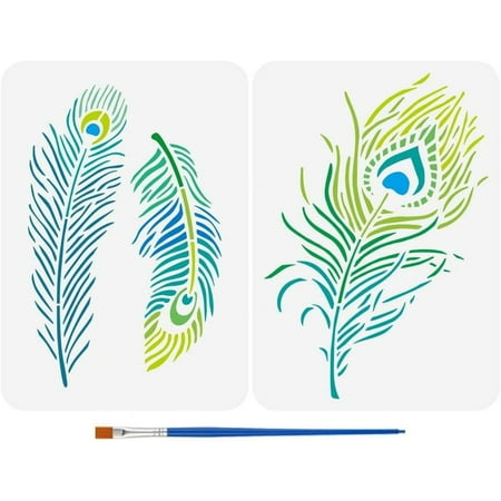 2PCS Peacock Feather Painting Stencils 8.3x11.7inch with Paint Brush Plastic PET Birds Feathers Drawing Templates Feather Pattern Stencils Animal Theme Templates DIY