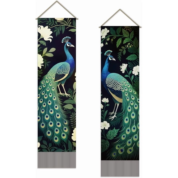 2PCS Peacock Tapestry Modern Green Peacock Wall Hanging Tapestries Long Vertical Tassel Tapestry with Poles Ropes