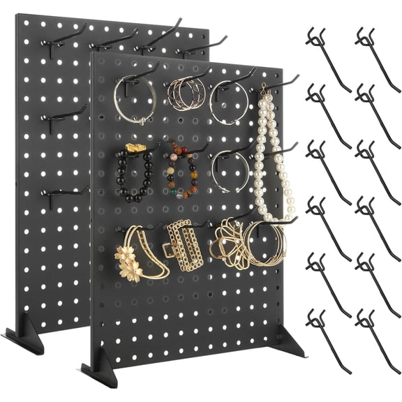 2PCS Peg Board Display Stand with 24 Peg Hooks 17x13 inch Desk Pegboard Stand Metal Pegboard Display Stand for Retail Craft Shows & Fairs Black Desk Pegboard Panels