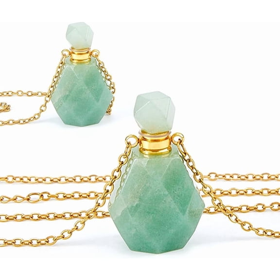2PCS Perfume Bottle Necklace Perfume Bottle Pendant Essential Oil Diffuser Necklace Gemstone Vial Necklaces Green Aventurine Pendants for Christmas Valentine's Mother's Day Golden