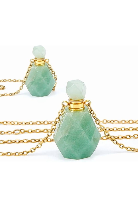 2PCS Perfume Bottle Necklace Perfume Bottle Pendant Essential Oil Diffuser Necklace Gemstone Vial Necklaces Green Aventurine Pendants for Christmas Valentine's Mother's Day Golden