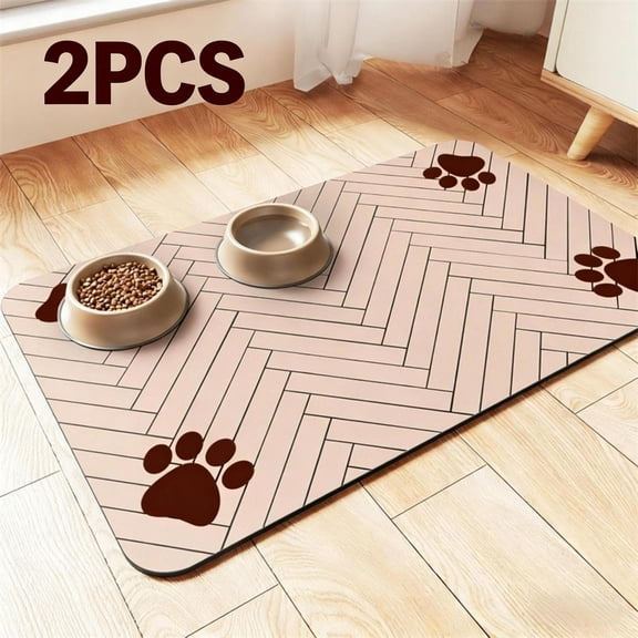2PCS Pet Feeding Mat-Absorbent Pet Placemat for Food and Water Bowl, with Waterproof Rubber Backing, Quick Dry Water Dispenser Mat for Dog and Cat (20"x12", Beige)