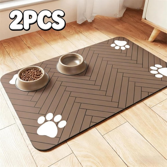 2PCS Pet Feeding Mat-Absorbent Pet Placemat for Food and Water Bowl, with Waterproof Rubber Backing, Quick Dry Water Dispenser Mat for Dog and Cat (20"x12", Brown)