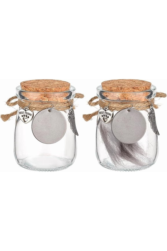 2PCS Pet Fur Memorial Jar Pets Hair Storage Glass Bottle with Heart Paw Pendants and Cork Stopper Dog Cat Keepsake Memorial Urn for Pet Name Ashes Hair Loss of Cat Sympathy Gift