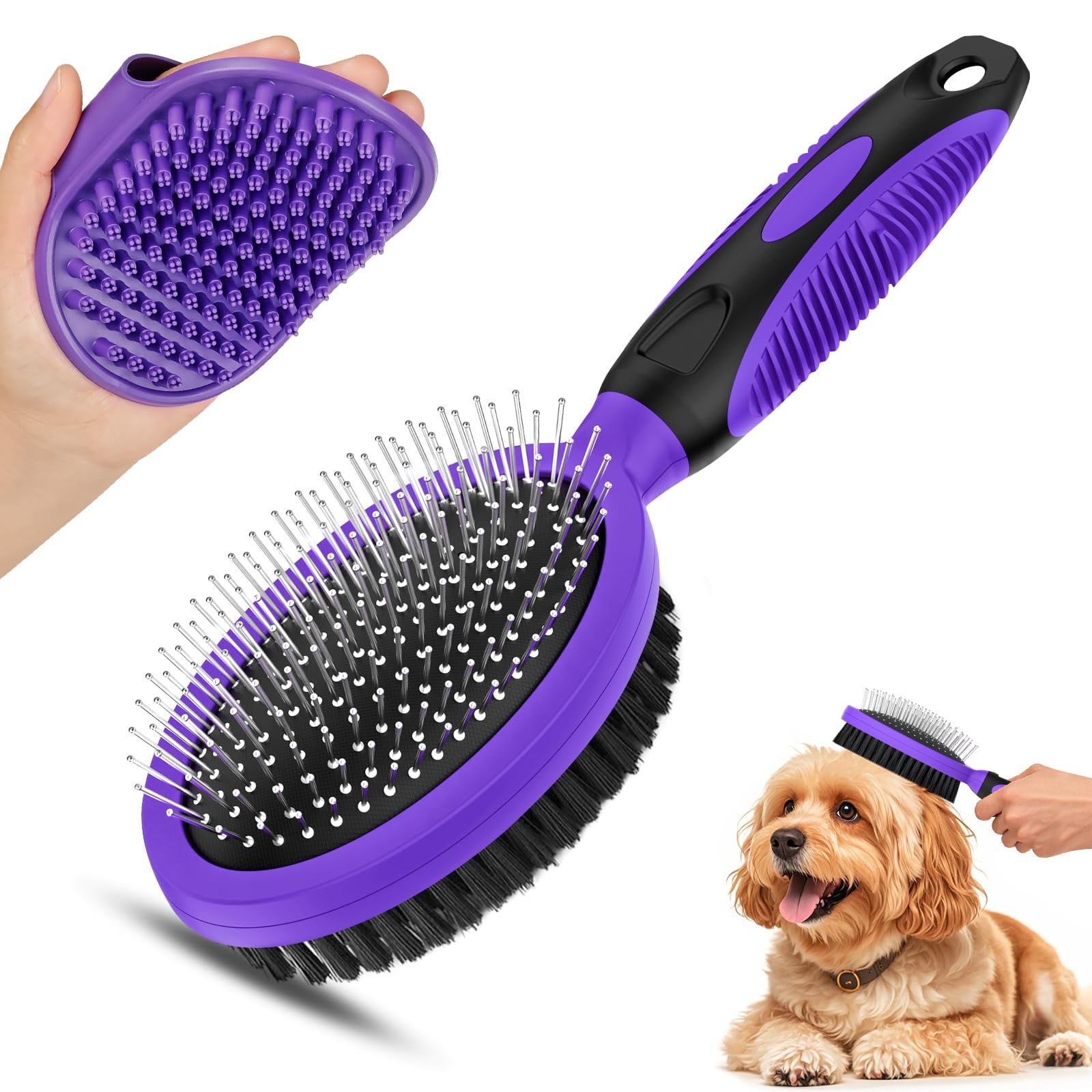 2PCS Pet Grooming Tools - Double-Sided Brush for Shedding and Bathing ...