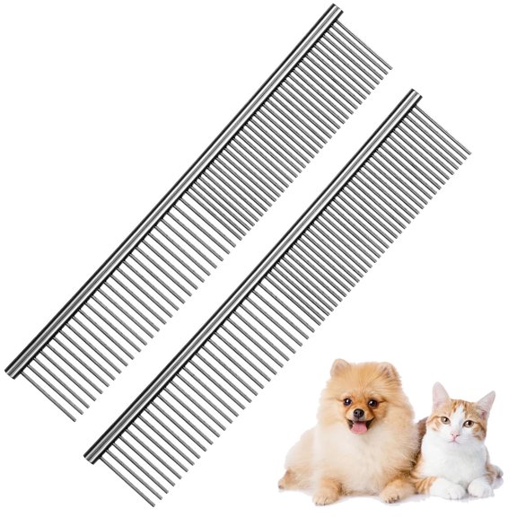 2PCS Pet Steel Combs, Rounded Ends Dog Grooming Comb Silver Cat Steel Grooming Tool Remove Matted Fur Pet Dematting Comb for Long and Short Haired Dogs Cats(Small)