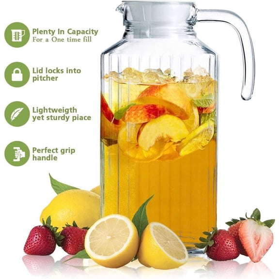 2PCS Pitcher with Lid, Up To 60oz.Each- Sleek And Elegant, For Milk, Iced Tea, Juices, Water etc. 2 L, Large Capacity Beverage Container Pitcher