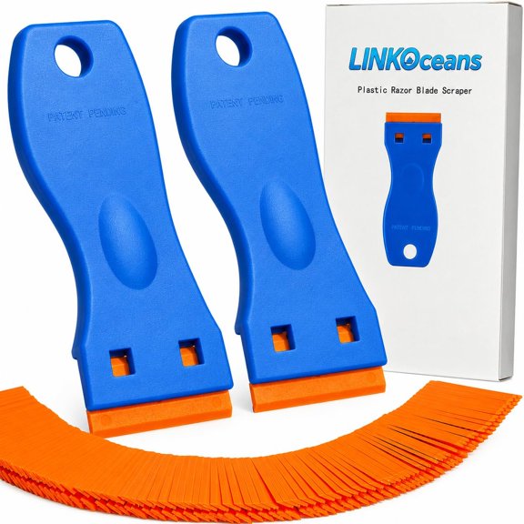 2PCS Plastic Razor Blade Scrapers with 100 Blades Safe Adhesive Remover for Stickers, Decals, Labels, Caulk & Gaskets on 3D printer beds,Glass,car or Windows Non Scratch Cleaning Tool