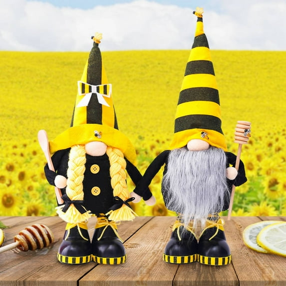 2PCS Plush Bee Gnome with Telescopic Legs- Large Standing Honeybee Spring Gnomes Ornaments Tomte Elf World Bee Day Decor, Summer Bee Figurines Table Shelf Tiered Tray Decorations, Gifts for Women